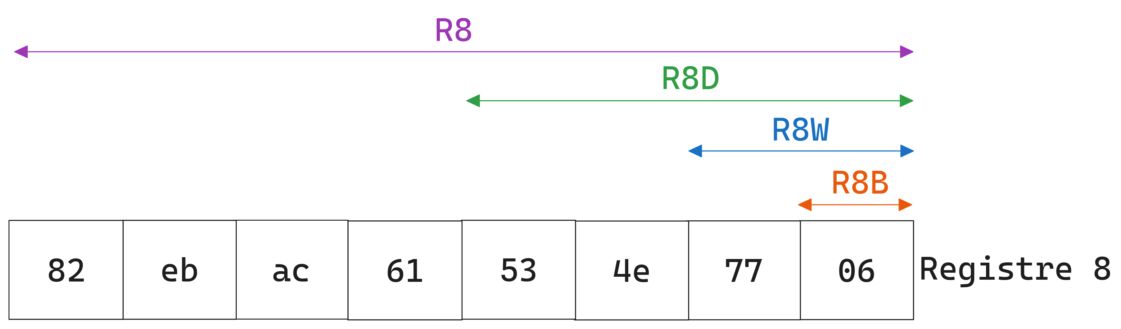 Schéma montrant les différentes manières de lire le registre **R8**.