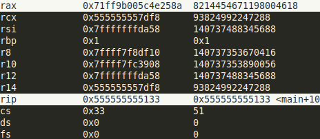 Capture d'écran de GDB montrant la valeur de **RIP** actuelle.